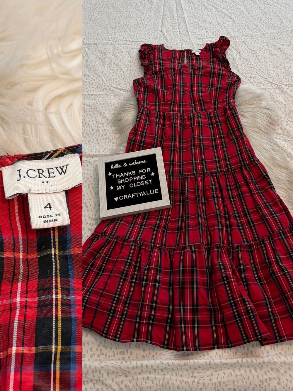 J. Crew Red Plaid Tiered Ruffle-Shoulder Dress